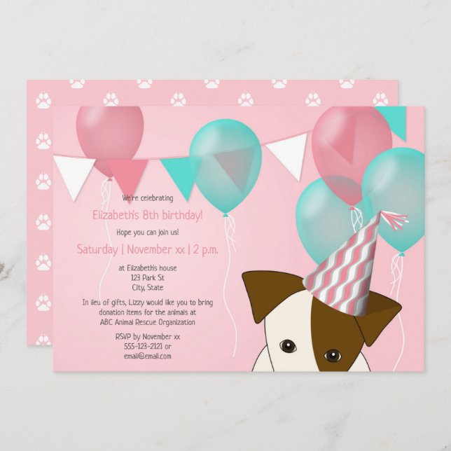 Invitation mignonnes filles chiot fête d'anniversaire rose ba (Devant / Derrière)