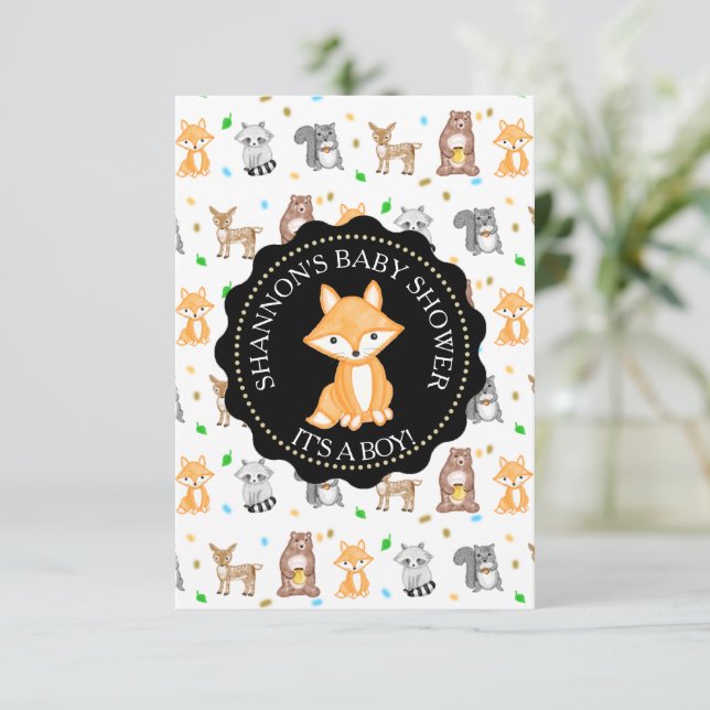 Invitation Mignons Bois Animaux Fox Baby shower (Debout devant)