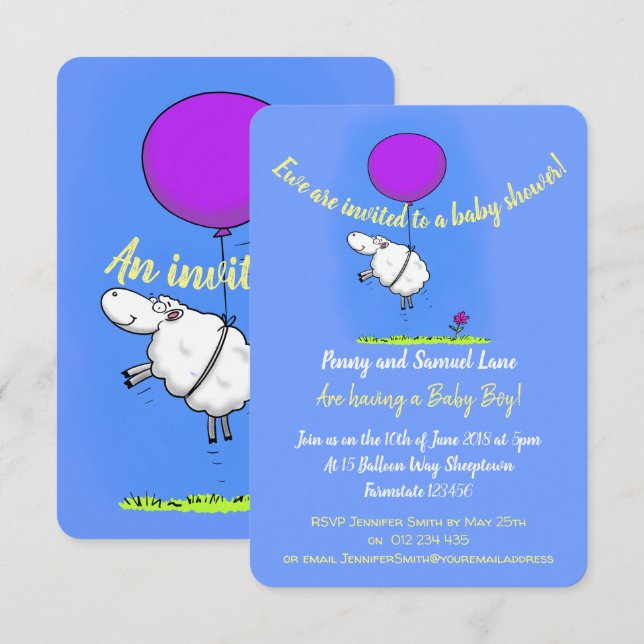 Invitation Mignons brebis avec baby shower en ballons (Devant / Derrière)