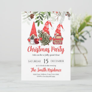 Invitation Mignons Gnomes Aquarelle Rouge Petite Fête de Noël