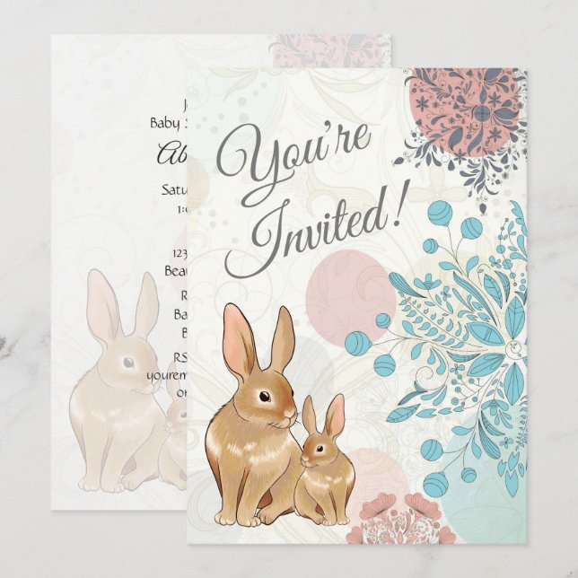 Invitation Mignons lapins lapins et fleurs Baby shower de pri (Devant / Derrière)