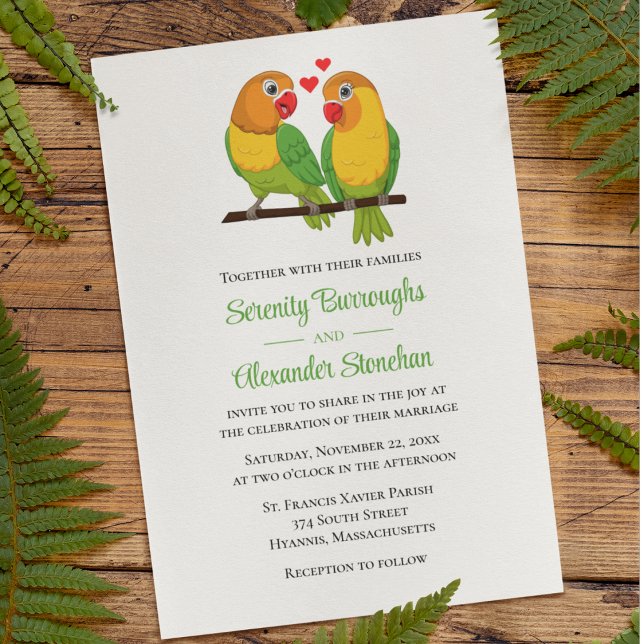 Invitation Mignons Lovebirds Lovebirds Jaune Green Mariage (Créateur téléchargé)