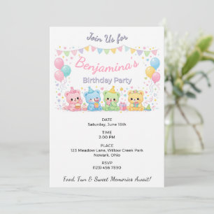 Invitation Mignons Oursons Bébés Pastel Fête d'Anniversaire R