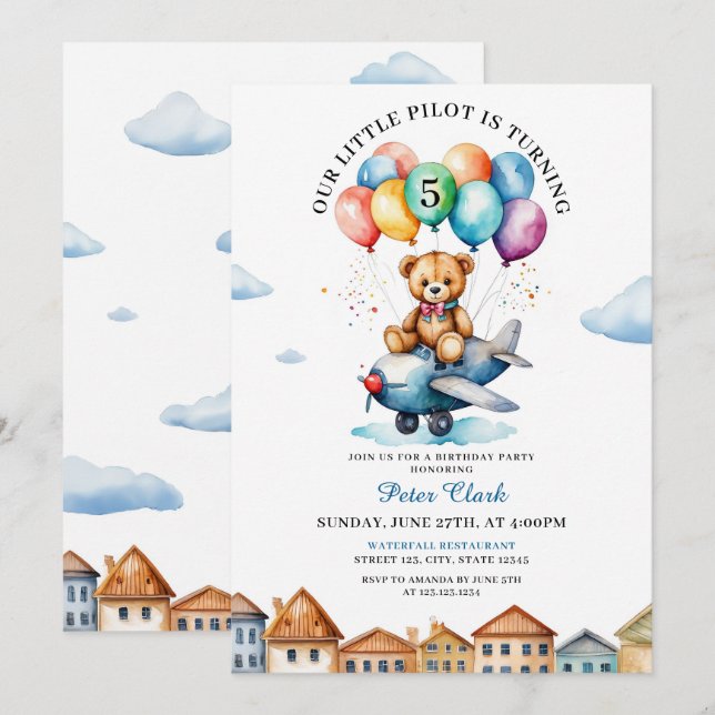 Invitation Mignons Teddy Bear Brown Avion 5e anniversaire (Devant / Derrière)