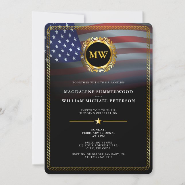 Invitation Militaire patriotique Américain Drapeau & Gold Fra (Devant)