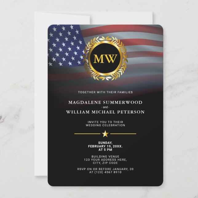 Invitation Militaire patriotique Américain Drapeau & Or Initi (Devant)