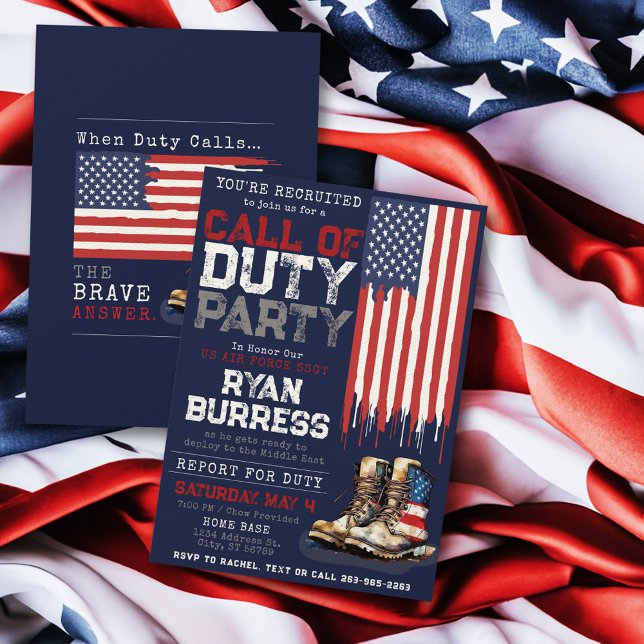 Invitation Militaire US Drapeau BLUE Déploiement Farewell Par (Red white and navy blue US flag and watercolor combat boots Call of Duty military deployment party)