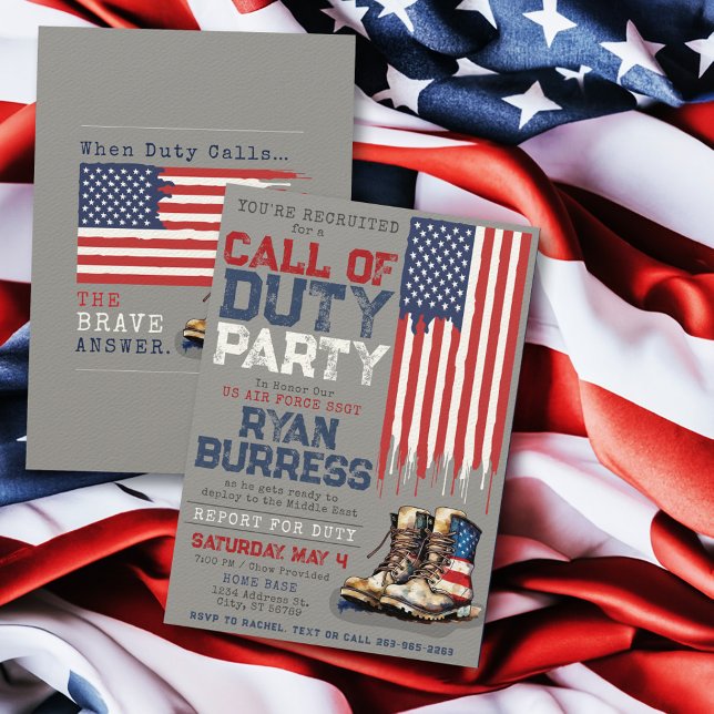 Invitation Militaire US Flag GRAY Déploiement Farewell Party (Gray red white and blue US flag and watercolor combat boots Call of Duty military deployment party)