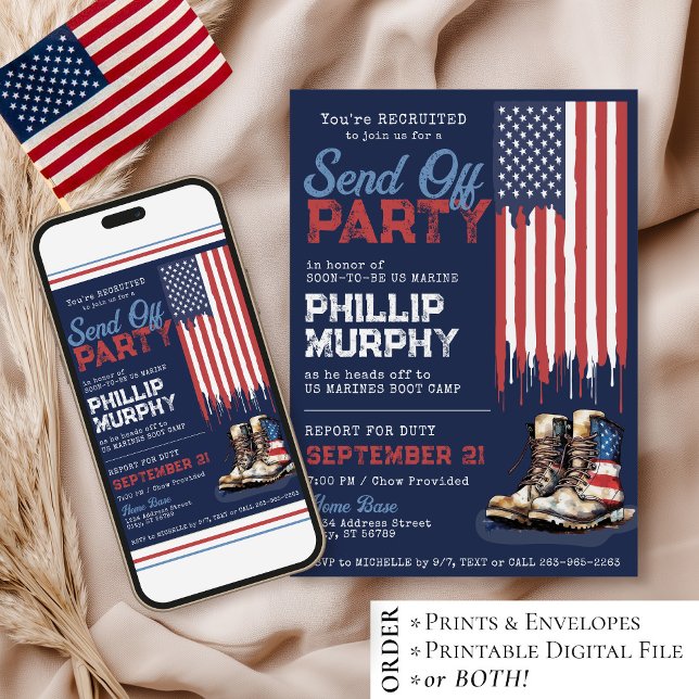 Invitation Military Send Off US Flag Boots Party Going Away (Digital patriotic red white and blue American flag combat boots military send off party invitation)
