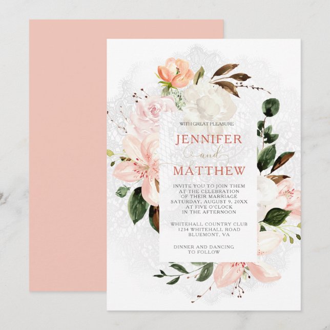 Invitation Milles roses et blanches, Roses, pivoines, agnolia (Devant / Derrière)