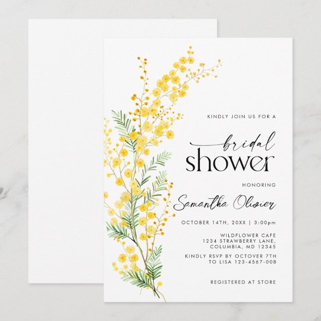 Invitation Mimosa dorée printanière Fête des mariées florale (Devant / Derrière)