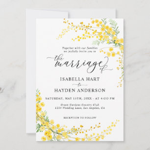 Invitation Mimosa Jaune Vague Argent Fleur Printemps Mariage