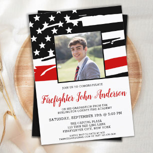 Invitation Mince ligne rouge pompier photo pompier diplômé