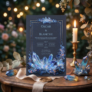 Invitation Minéral Bleu Luminescent Cadre Double Doré Mariage