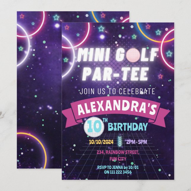 Invitation Mini golf lueur Anniversaire Fille de fête (Devant / Derrière)