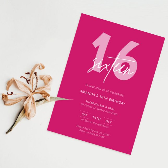 Invitation Mini moderne Hot rose 16e fête d'anniversaire (Créateur téléchargé)