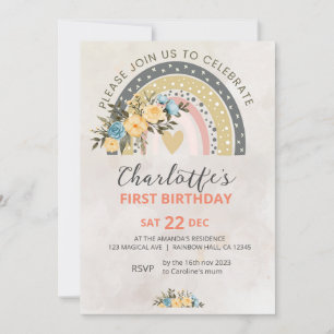Invitation Mini Pompas Grass Retro Rainbow Boho Anniversaire