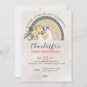 Invitation Mini Pompas Grass Retro Rainbow Boho Anniversaire
