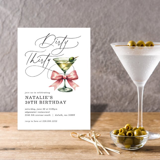 Invitation Mini-Sale Trente Martini Rose Bow Anniversaire (Minimalist Dirty Thirty Martini Pink Bow Birthday Invitation)
