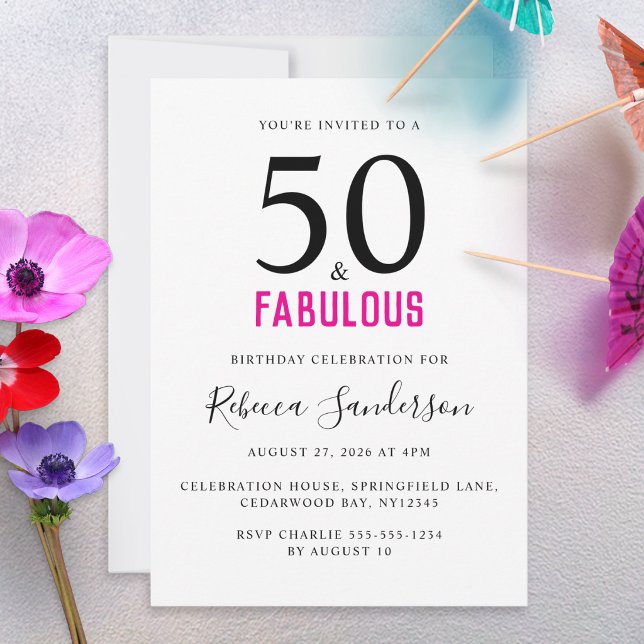 Invitation Minimal 50 and Fabulous Pink 50th Birthday Party (A modern invitation for a 50th birthday party, with black and hot pink text on a white background)