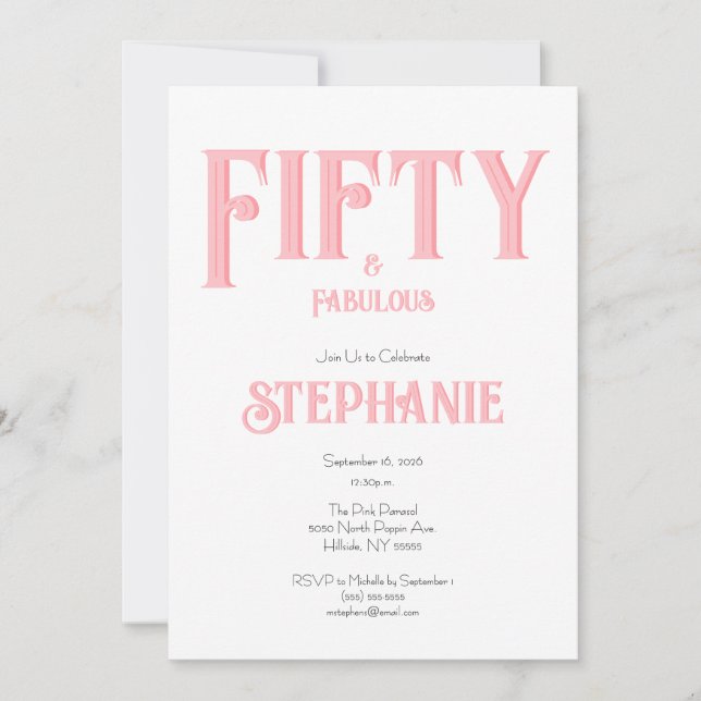 Invitation Minimal 50 and Fabulous Pink 50th Birthday Party (Devant)