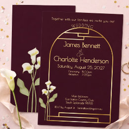 Invitation Minimal Art Nouveau Gold Arch Lily Plum Wedding