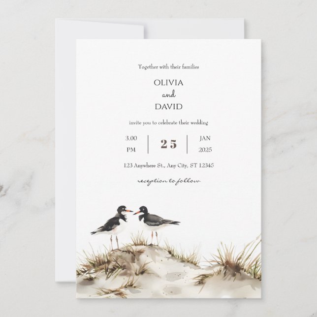 Invitation Minimal Beach Sand Dunes Oystercatchers Mariage (Devant)