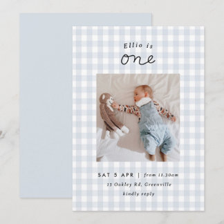 Invitation Minimal bleu En vichy photo 1er anniversaire Invit