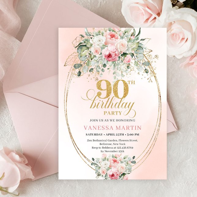 Invitation Minimal Blush Rose Gold 90th Birthday Party Invite (Minimal Blush Rose Gold 90th Birthday Party Invitation)