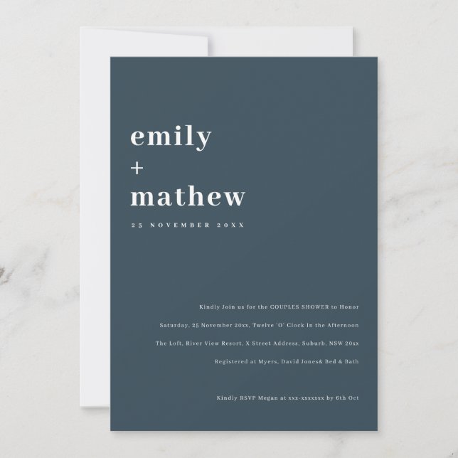 Invitation Minimal Bold Navy Blue Typography Couples Douche (Devant)