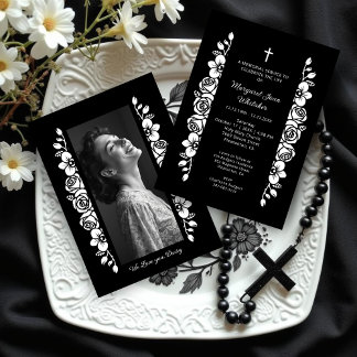Invitation Minimal Botanic Back & White Garland Photo Funeral