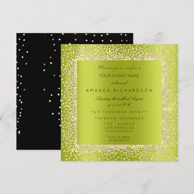 Invitation Minimal Champaigne Or Noir Confetti Sepia Vert (Devant / Derrière)