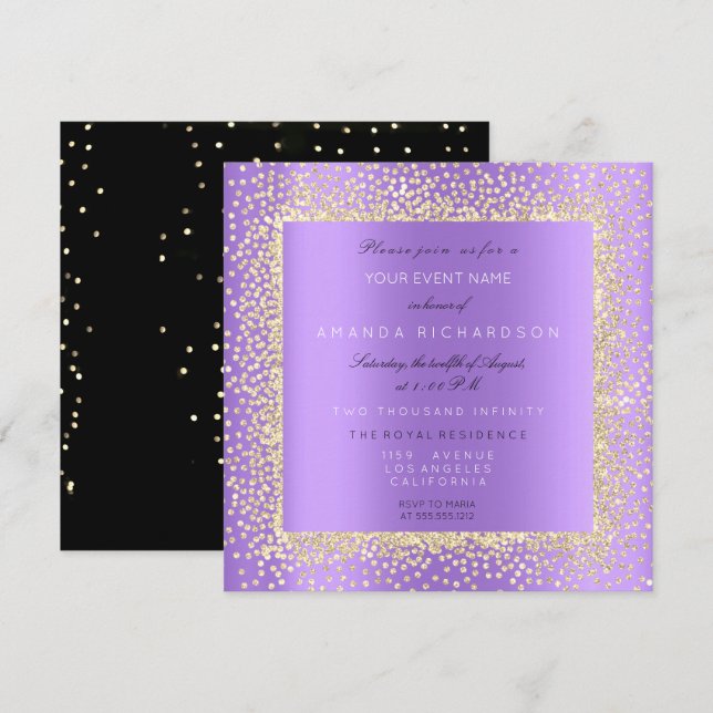 Invitation Minimal Champaigne Or Noir Confettis Violet Pourpr (Devant / Derrière)