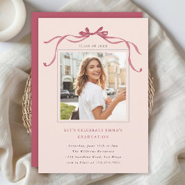 Invitation Minimal Deep Blush Bow Graduation Party Photo Pink