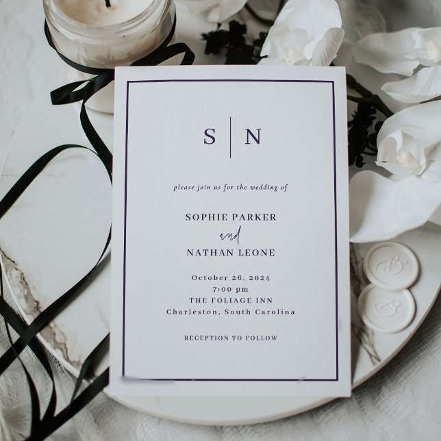 Invitation Minimal et chic | Mariage frontière blanc et viole (Créateur téléchargé)