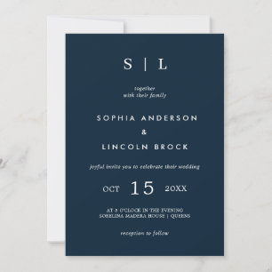 Invitation Minimal et chic   Monogram Marine Bleu et Blanc