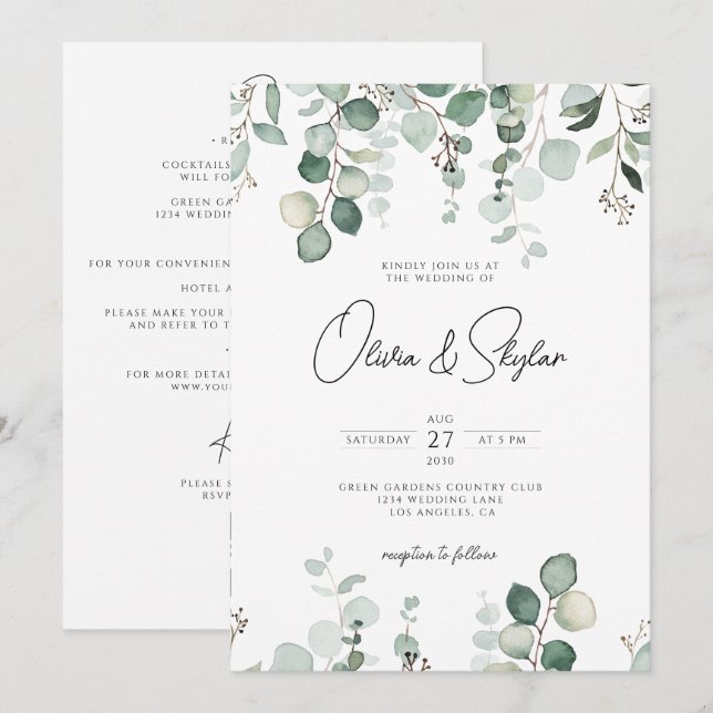 Invitation Minimal Eucalyptus Botanique QR Tout en un Mariage (Devant / Derrière)