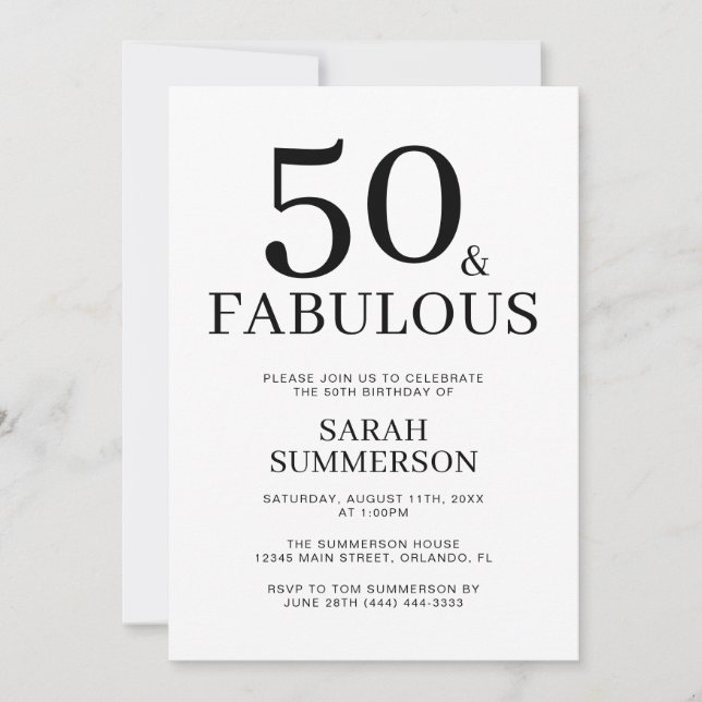 Invitation Minimal Fifty and Fabulous 50th Birthday Party (Devant)