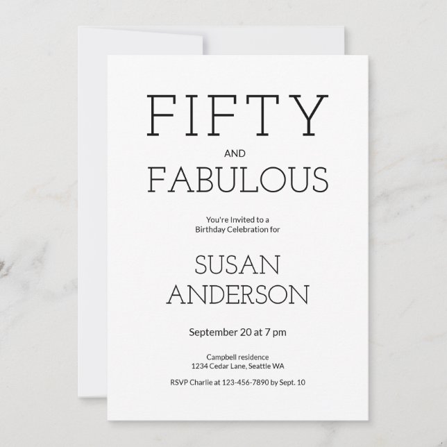 Invitation Minimal Fifty and Fabulous 50th Birthday Party (Devant)