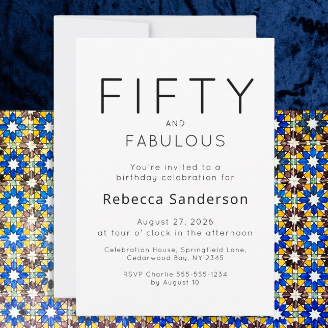Invitation Minimal Fifty and Fabulous 50th Birthday Party (A stylish minimalist fiftieth birthday invitation with modern, stylish typography)