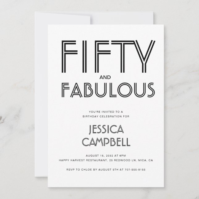 Invitation Minimal Fifty and Fabulous 50th Birthday Party (Devant)