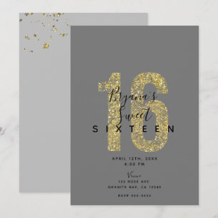 Invitation Minimal Grey Gold Flakes 16 Paillettes 16e Anniver