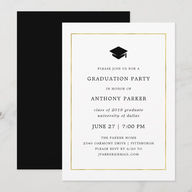 Invitation Minimal moderne| Faux Gold Border Graduation Party (Devant / Derrière)
