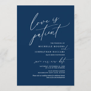 Invitation Minimal Navy, Amour patient, mariage reporté