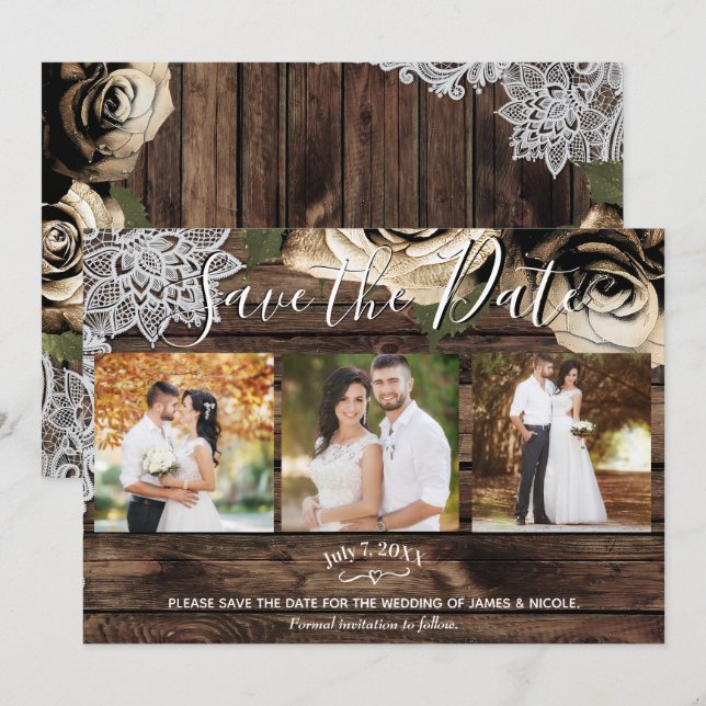 Invitation Minimal Rustic Wood Gold Roses Photo Enregistrer l (Devant / Derrière)