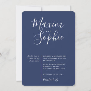 Invitation MINIMAL SCRIPT moderne marine mariage bleu blanc