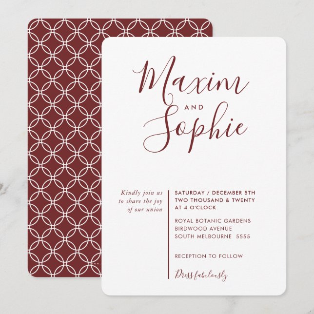 Invitation MINIMAL SCRIPT simple moderne mariage vin rouge fo (Devant / Derrière)