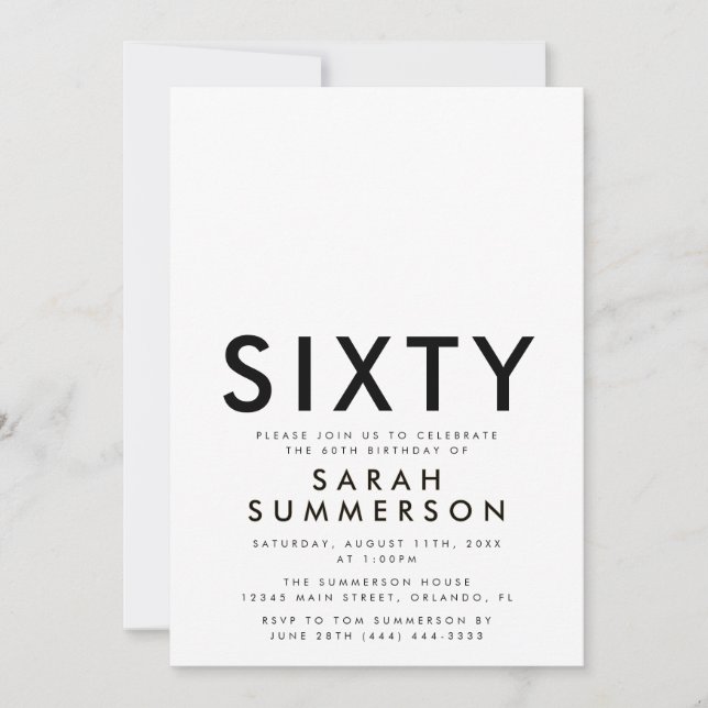 Invitation Minimal Sixty Black White 60th Birthday (Devant)