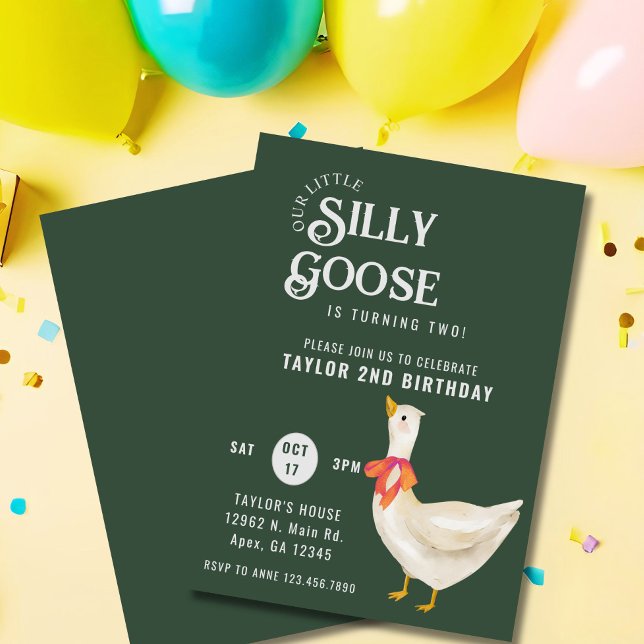 Invitation Minimalisme С lassique Silly Goose Anniversaire (Minimalist “Our Silly Goose Is Turning Two” invite with dark green background and clean design.)