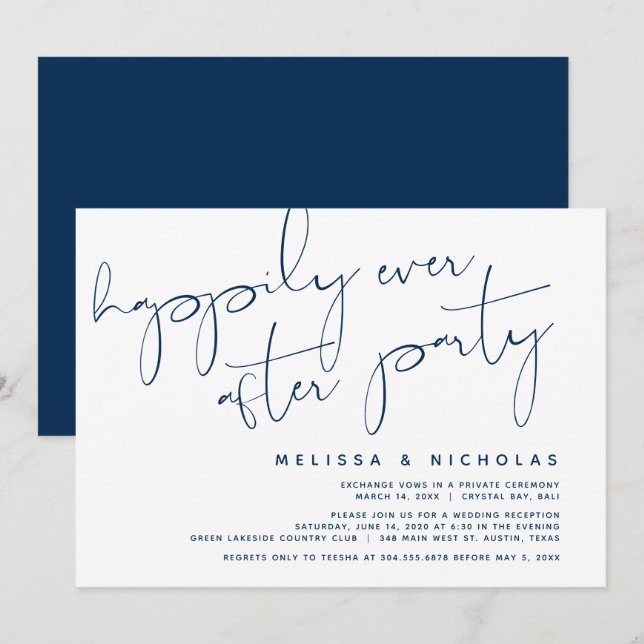 Invitation Minimalisme Bleu Nuit, Mariage Fuite de Noces (Devant / Derrière)